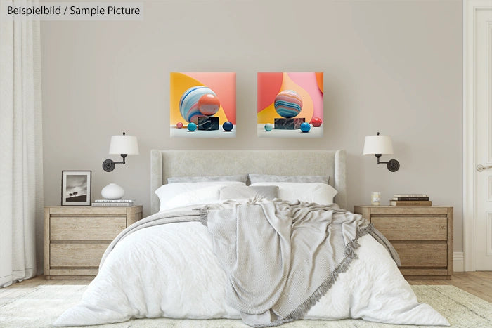 Modern bedroom with gray bed, wooden side tables, and colorful abstract art on the wall.