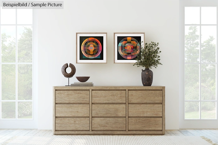 Modern living room with wooden sideboard, abstract art on wall, large windows, and decorative items.