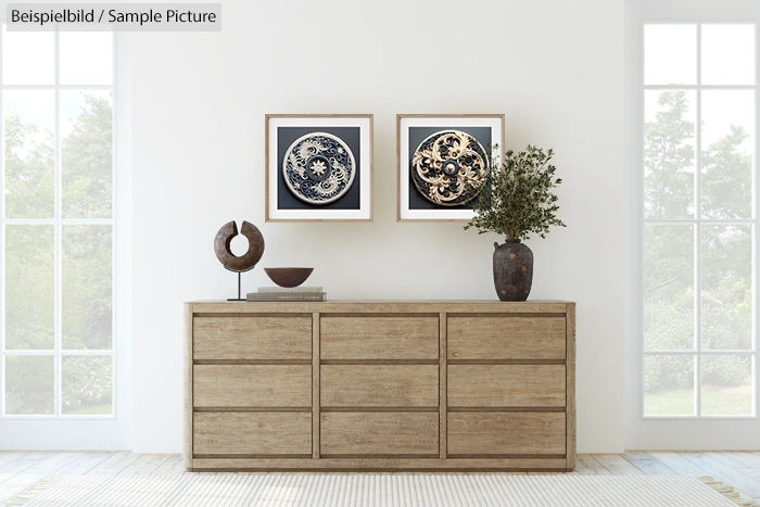 Minimalist living room with wooden dresser, two framed art pieces, sculpture, and vase with plant, near large windows.