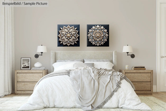 Modern bedroom with wooden furniture, gray bedding, decorative wall art, and two nightstands with lamps.