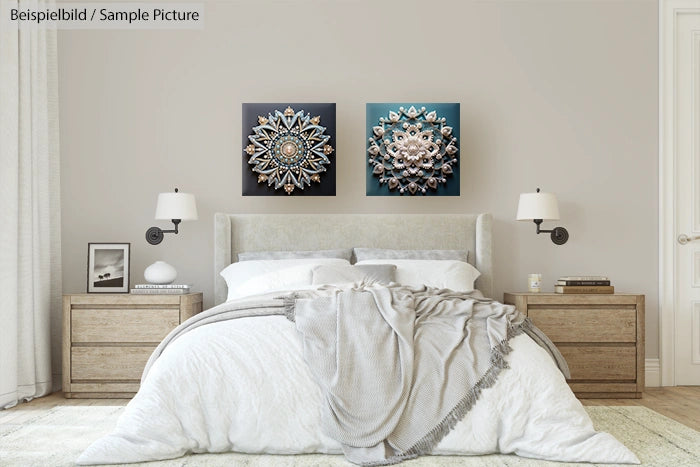 Modern bedroom with gray bed, wooden side tables, and decorative mandala wall art above.