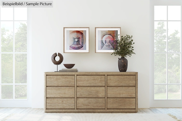 Modern living room with wooden sideboard, abstract art, vase, sculpture, and large windows.