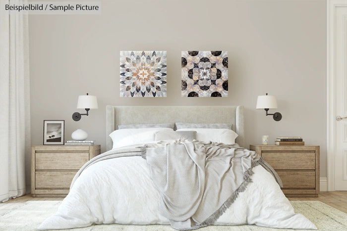 Modern bedroom with a king-size bed, light gray bedding, wooden side tables, and geometric artwork on the wall.