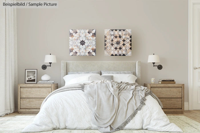 Modern bedroom with a double bed, gray throw blanket, wooden nightstands, wall lamps, and geometric artwork above the bed.