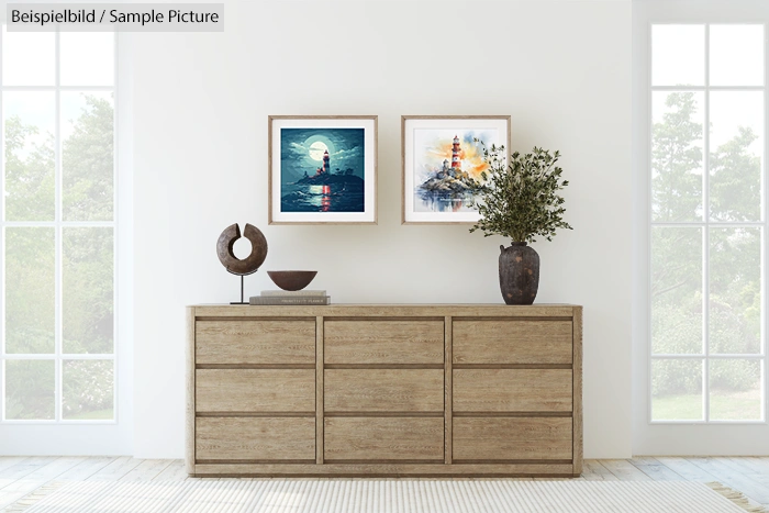 Minimalist room with a wood sideboard, decorative art prints, modern sculpture, and a vase with greenery.