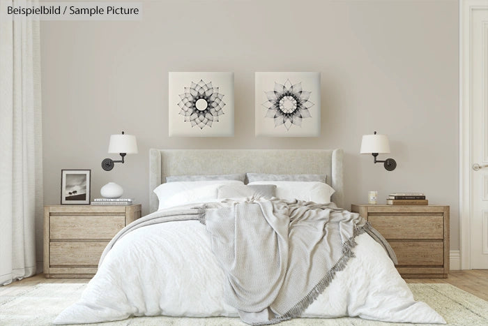 Modern bedroom with wooden bedside tables, gray bedding, and geometric art above bed in a neutral-toned room.