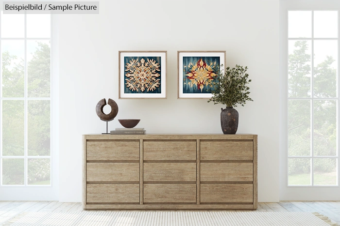 Modern living room with wooden sideboard, abstract art, and decorative items.