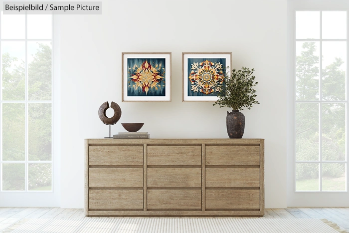 Minimalist interior with wooden dresser, abstract art, and plants.