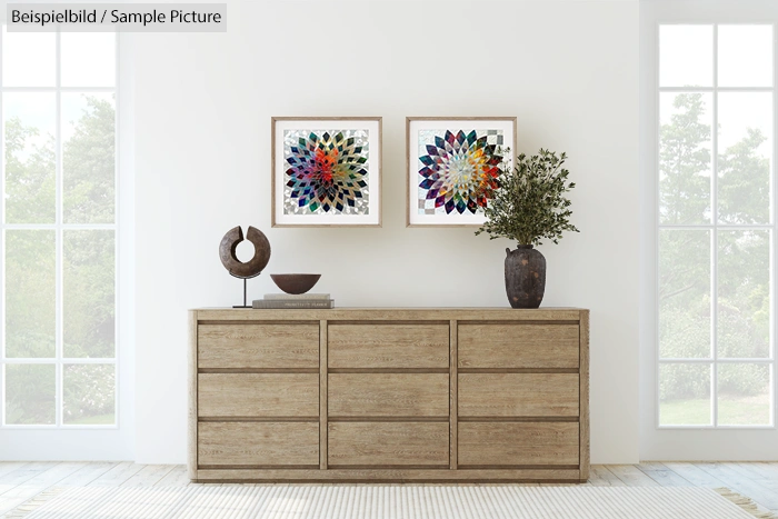 Modern living room with a wooden dresser, abstract art, and decorative vases against a white wall.