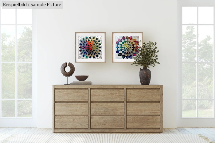 Modern interior with wooden dresser, decorative sculptures, and colorful framed artworks on white walls.