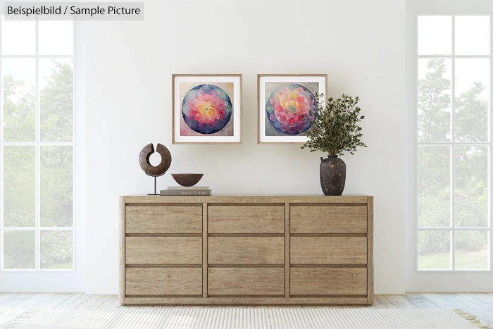 Modern living room with wooden dresser, abstract art and decorative items on top, set between two large windows.