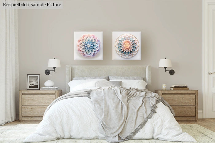 Neutral bedroom with gray bedding, wooden nightstands, and two geometric artworks above the bed.