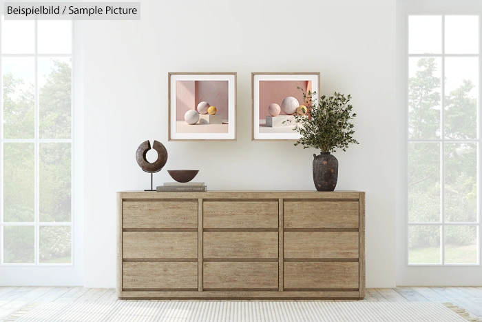 Minimalist interior with wooden sideboard, vases, abstract art, and large windows in a well-lit room.