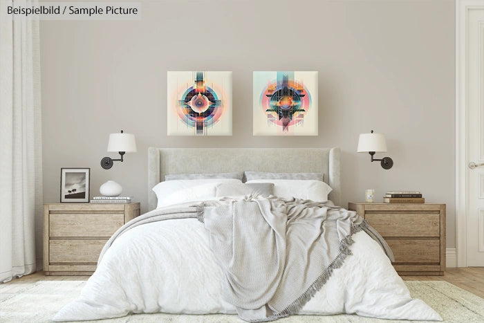 Modern bedroom with wooden furniture, white bedspread, abstract wall art, and wall-mounted lamps.