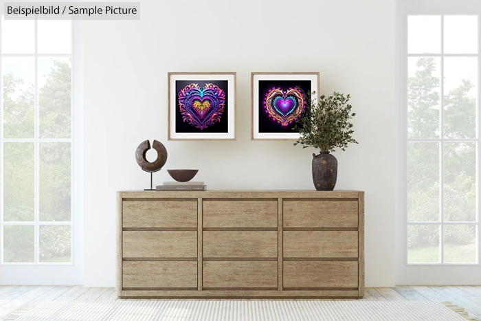 Modern living room with wooden dresser, decorative sculpture, plant, and framed artwork featuring colorful heart designs.