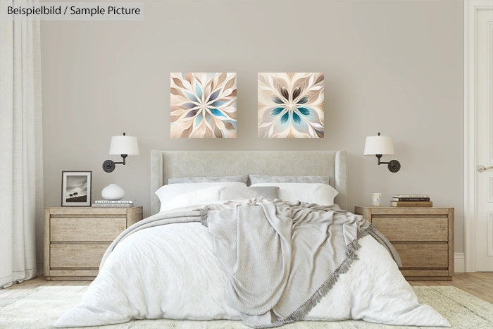 Modern bedroom with grey bed, wooden nightstands, and abstract floral art. Neutral tones and minimalist decor.