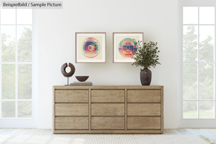 Minimalist room with a wooden sideboard, abstract art, a sculpture, and a plant in a vase, under natural light.