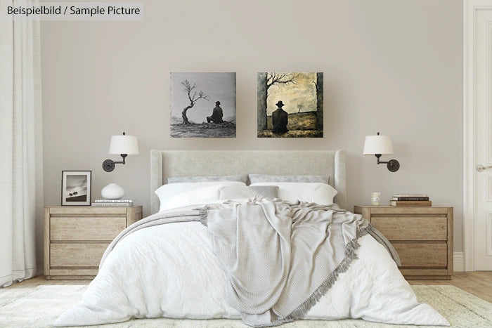 Modern bedroom with beige decor, wooden furniture, and two wall art pieces above the bed featuring solitary figures.