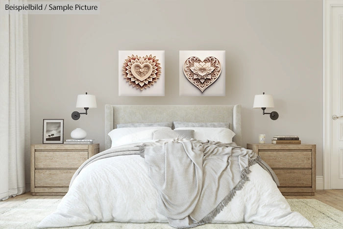 Modern bedroom with decorative heart artwork, double bed, nightstands, and neutral colored decor.