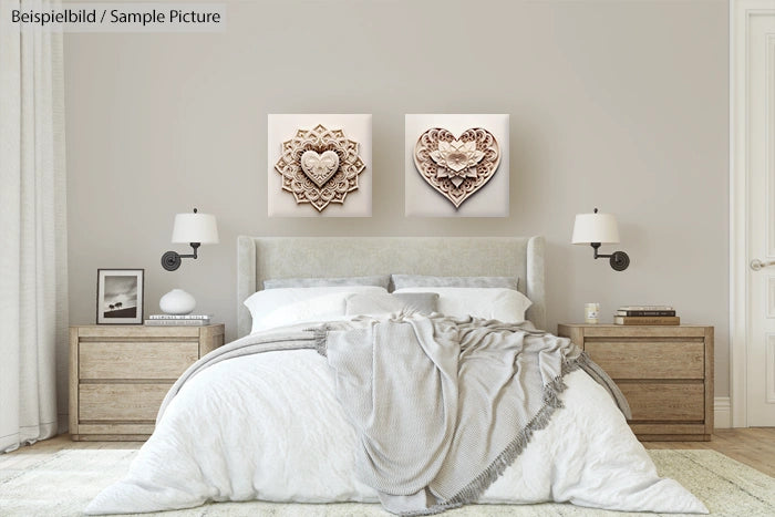 Modern bedroom with a cozy gray bedding set, wooden side tables, wall lamps, and heart-shaped artwork above the bed.