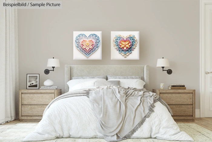 Bedroom with beige walls, a white and gray bed, dual nightstands, and abstract heart artwork above the headboard.