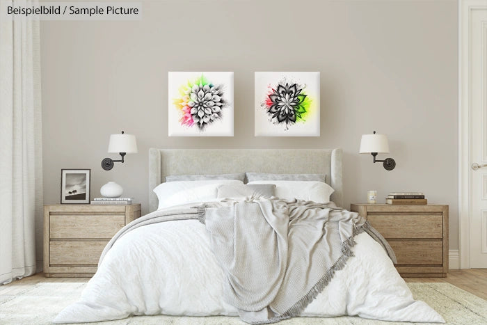 Modern bedroom with a beige bed, light wood nightstands, and abstract floral art on the wall; cozy and elegant.