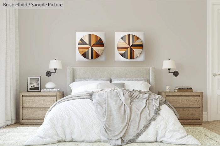 Modern bedroom with grey bedding, wooden bedside tables, abstract wall art, and white wall lamps.