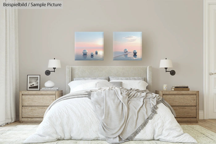 Modern bedroom with cozy bed, gray bedding, two artworks above, and wooden nightstands.