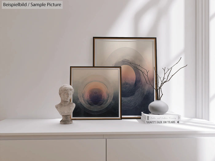 Minimalist decor with abstract paintings and sculpture on a white cabinet under natural light.