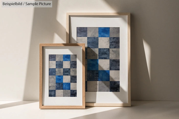 Two framed checkered artworks in blue, gray tones, standing on a surface with shadow lines.