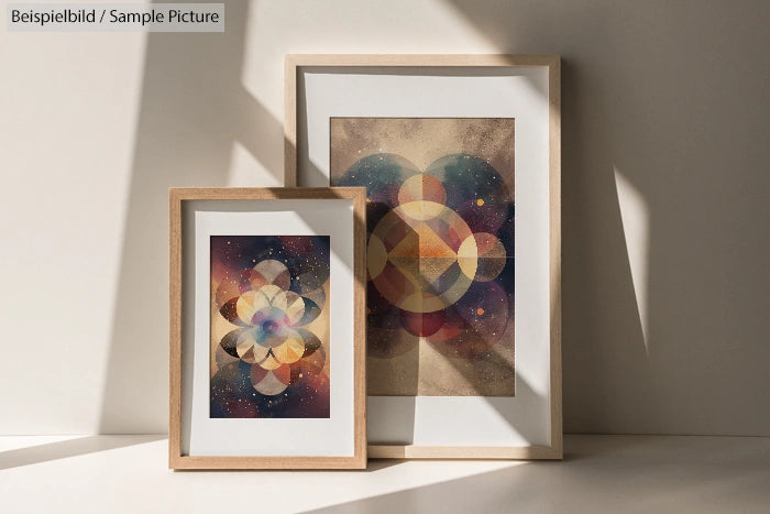 Two framed geometric art pieces with overlapping circles, displayed on a light shadowed surface.