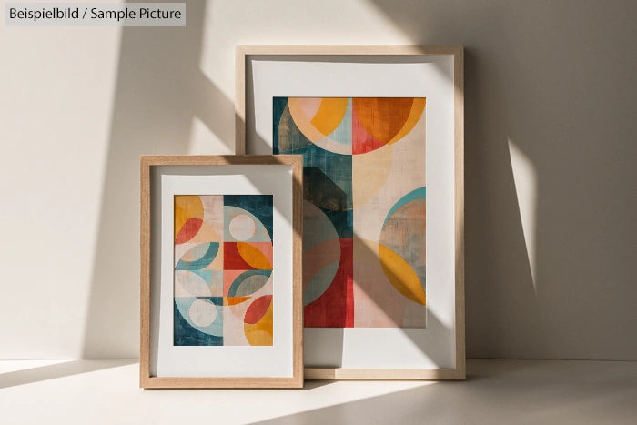 Two framed abstract art pieces with geometric shapes; sunlight casting shadows on the wall behind.