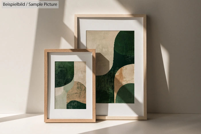 Two abstract paintings with geometric shapes in green and beige, displayed in wooden frames on a sunlit surface.