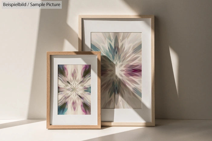 Two wooden frames with abstract floral art, featuring pastel colors, leaning against a sunlit wall.