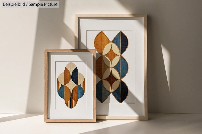 Two geometric art prints with earthy tones in wooden frames leaning against a beige wall.