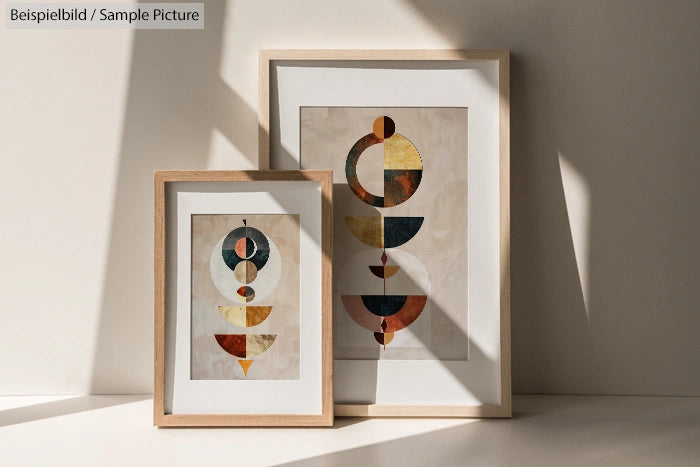 Two geometric abstract paintings with colorful circular shapes in wooden frames against a neutral background.