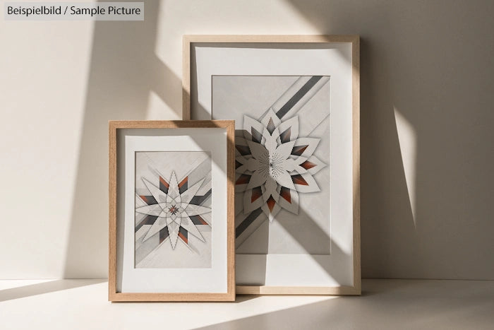 Two framed geometric artworks with star patterns on a sunlit wall.