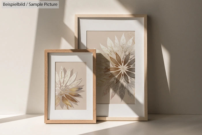 Two framed artworks with leaf patterns against a sunlit wall, casting soft shadows on a beige surface.