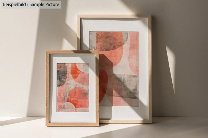 Two framed abstract artworks with red and beige shapes on a sunlit surface.