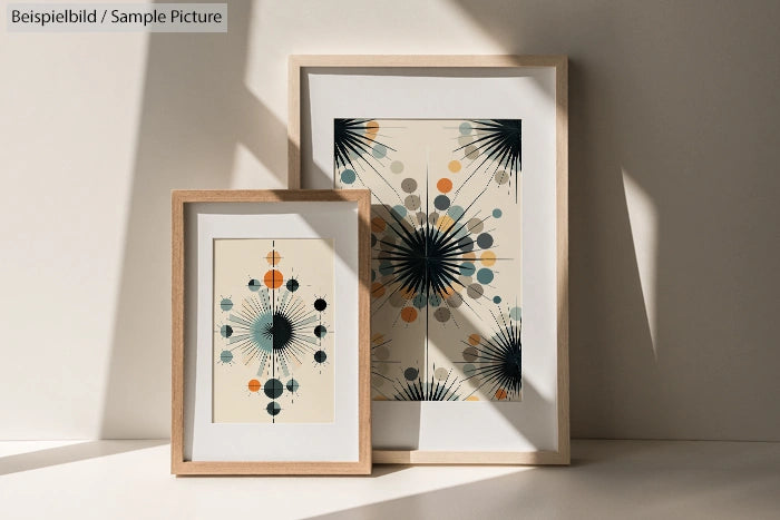 Two framed abstract art prints with geometric patterns and splashes of color, set against a neutral background.