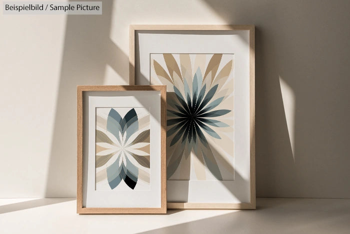 Two framed geometric floral prints with pastel shades, placed on a sunlit surface, casting dramatic shadows.