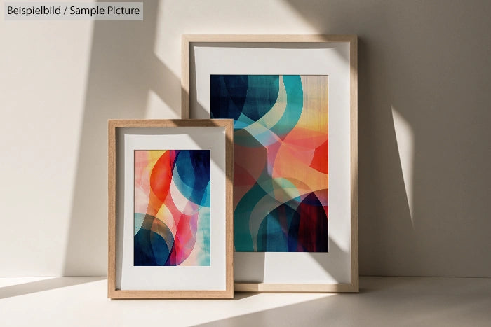 Two framed abstract art prints with colorful geometric shapes in a sunlit setting.