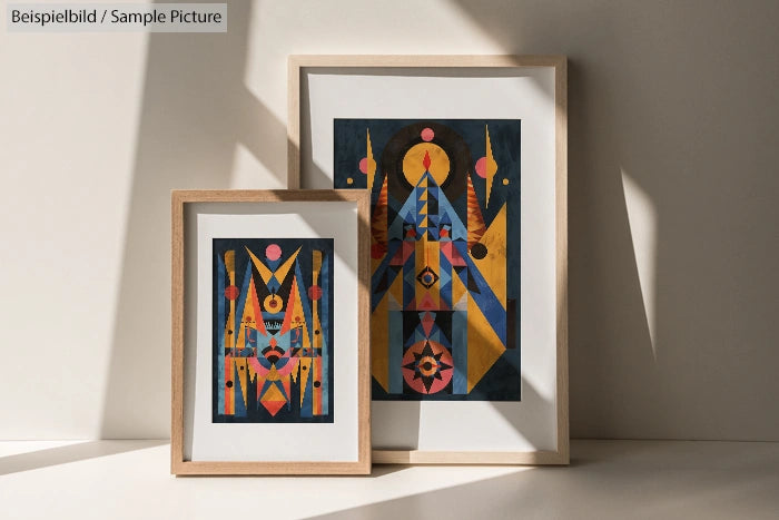 Two framed abstract geometric artworks with colorful shapes, leaning against a sunlit wall.