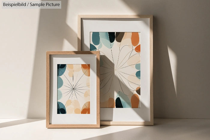 Two framed artworks with abstract floral designs in muted colors, displayed on a sunlit surface with shadows.