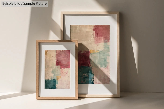 Two framed abstract paintings with red, beige, and green blocks, leaning against a sunlit wall.