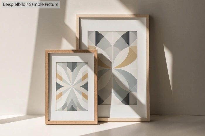 Two framed abstract geometric art pieces in neutral tones on a sunlit surface.