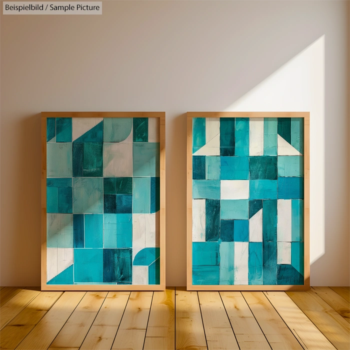 Two abstract geometric paintings with blue and teal squares, framed wooden frames, displayed on a wooden floor.