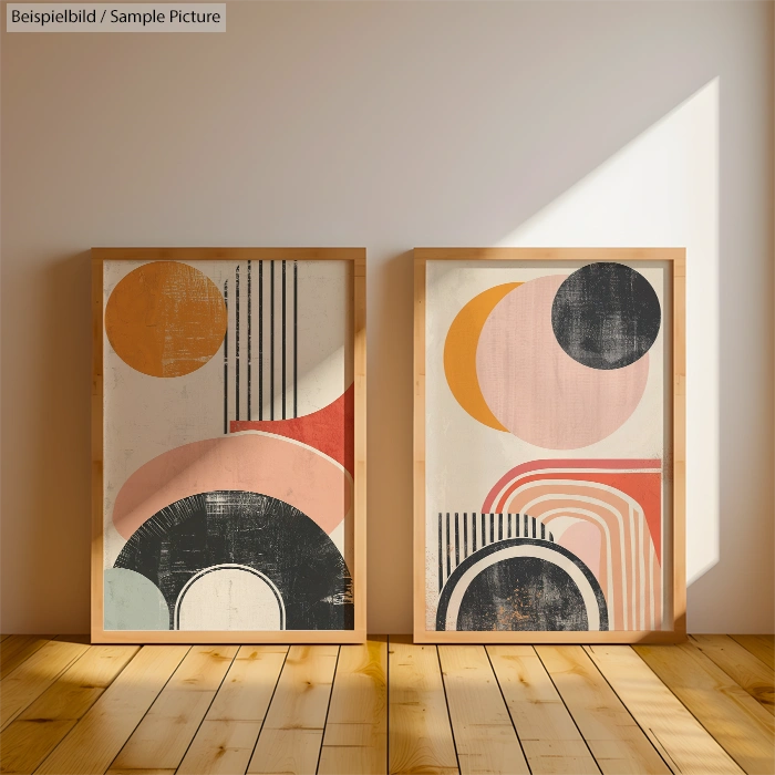 Framed abstract geometric art prints with circles and stripes on a wooden floor against a white wall.