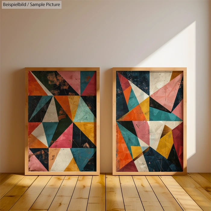 Two abstract geometric paintings with vibrant triangles on a wooden floor against a sunlit wall.