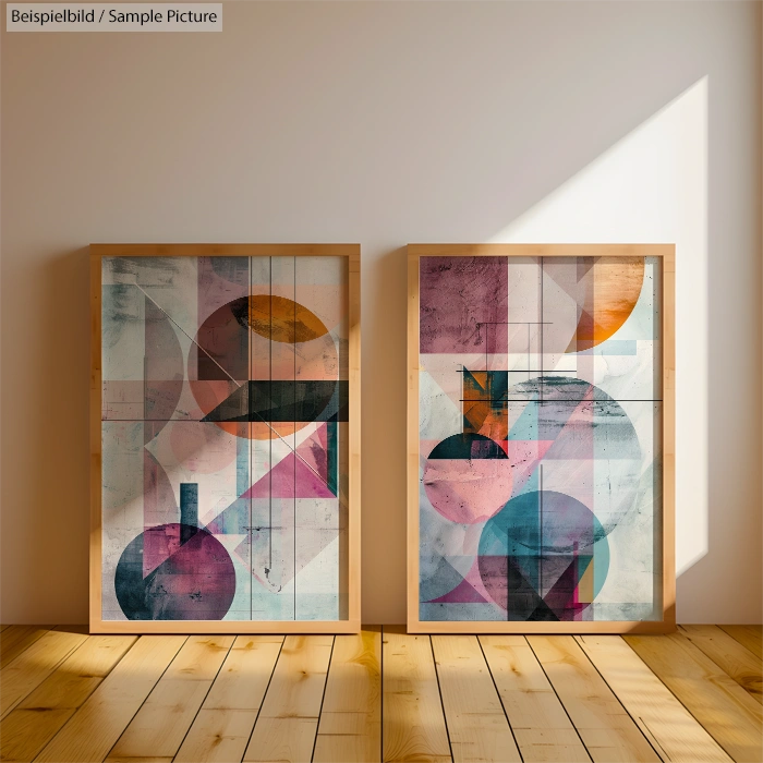 Two abstract paintings with geometric shapes and muted colors, displayed in wooden frames on a wooden floor.